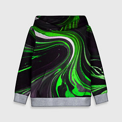 Толстовка-худи детская Волнистые бело-зелёные линии на чёрном фоне, цвет: 3D-меланж
