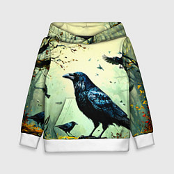 Толстовка-худи детская Черный ворон в осеннем лесу, цвет: 3D-белый