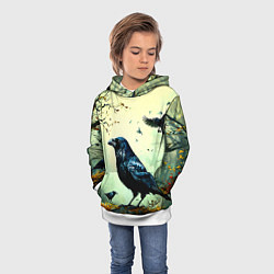 Толстовка-худи детская Черный ворон в осеннем лесу, цвет: 3D-белый — фото 2