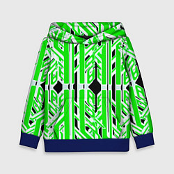 Толстовка-худи детская Бело-зелёные техно полосы на чёрном фоне, цвет: 3D-синий