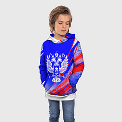Толстовка-худи детская Герб России на фоне цветов флага синий, цвет: 3D-белый — фото 2