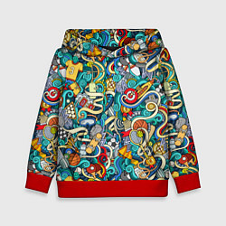 Толстовка-худи детская Спортивный инвентарь коллаж, цвет: 3D-красный