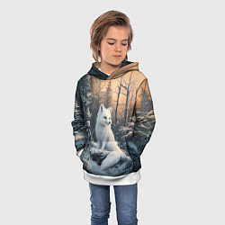 Толстовка-худи детская Белый лисенок в зимнем лесу, цвет: 3D-белый — фото 2