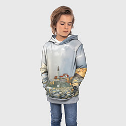 Толстовка-худи детская Маяк и камни на пляже - акварельный рисунок, цвет: 3D-меланж — фото 2