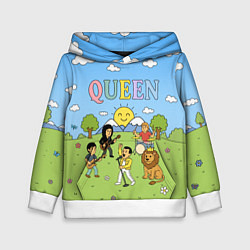 Толстовка-худи детская Queen мультяшный стиль на поляне, цвет: 3D-белый