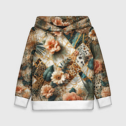 Толстовка-худи детская Цветы на кусках мрамора и леопардовом узоре, цвет: 3D-белый