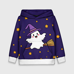 Толстовка-худи детская Хэллоуин, привидение на метле, цвет: 3D-белый