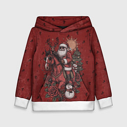 Толстовка-худи детская Санта Клаус на красном коне верхом, цвет: 3D-белый