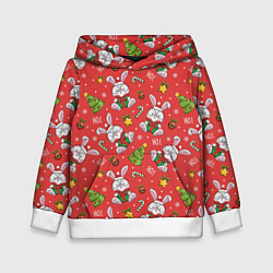 Толстовка-худи детская Новогодний паттерн с зайчиком, цвет: 3D-белый