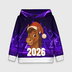 Детская толстовка 2026 новогодняя лошадка на фоне фиолетовых елок