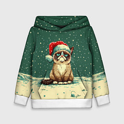 Толстовка-худи детская Печальный Новогодний мем кот, цвет: 3D-белый