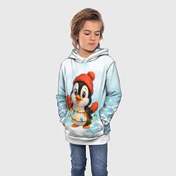 Толстовка-худи детская Пингвинчик в свете зимних огней, цвет: 3D-белый — фото 2