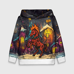 Толстовка-худи детская Красная огненная лошадь панк в городе, цвет: 3D-белый