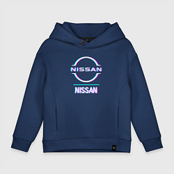 Толстовка оверсайз детская Значок Nissan в стиле glitch, цвет: тёмно-синий
