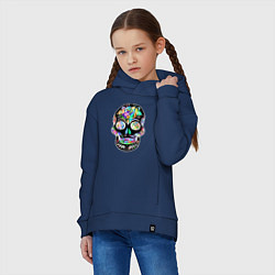 Толстовка оверсайз детская Чёрный мексиканский череп с разноцветными цветами, цвет: тёмно-синий — фото 2