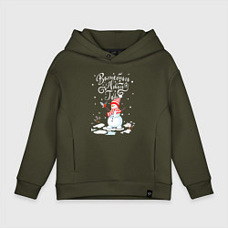 Толстовка оверсайз детская Новогодний снеговик, цвет: хаки