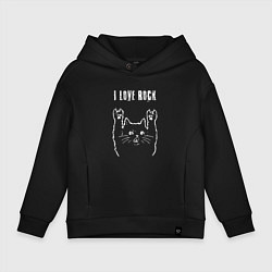 Толстовка оверсайз детская I love rock рок кот, цвет: черный