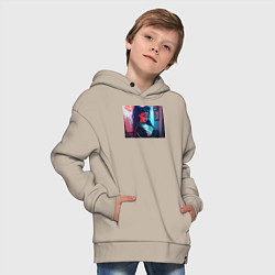 Толстовка оверсайз детская Девушка с синими волосами: неоновый киберпанк, цвет: миндальный — фото 2