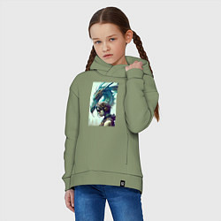 Толстовка оверсайз детская Девчонка в шлеме и дракон - киберпанк, цвет: авокадо — фото 2