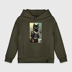 Толстовка оверсайз детская Крутой котёнок - киберпанк - нейросеть, цвет: хаки