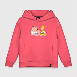 Толстовка оверсайз детская Питер и Гомер едят пончики, цвет: коралловый