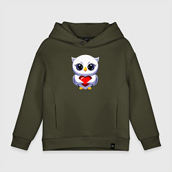 Толстовка оверсайз детская Совенок белый с сердечком, цвет: хаки