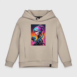 Толстовка оверсайз детская Девушка в стиле киберпанк с черепом - нейросеть, цвет: миндальный