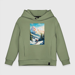 Толстовка оверсайз детская Лыжник в горах, цвет: авокадо