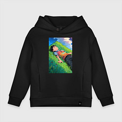 Толстовка оверсайз детская Аниме мальчик на траве, цвет: черный