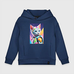 Толстовка оверсайз детская Котик в стиле киберпанк, цвет: тёмно-синий