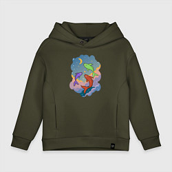 Толстовка оверсайз детская Рыбы, летающие в небе, цвет: хаки