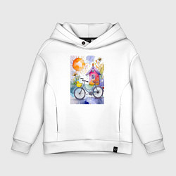 Толстовка оверсайз детская Утенок на велосипеде - акварель, цвет: белый