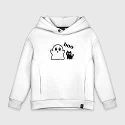 Толстовка оверсайз детская Хэллоуин, привидение и черный кот, цвет: белый