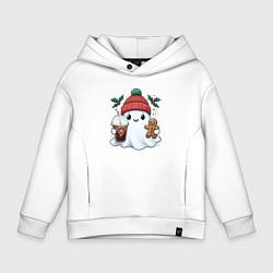 Толстовка оверсайз детская Милое новогоднее привидение с кофе и имбирным прян, цвет: белый