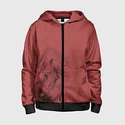 Толстовка на молнии детская Конь на красном фоне, цвет: 3D-черный