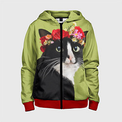 Толстовка на молнии детская Кот и цветы, цвет: 3D-красный