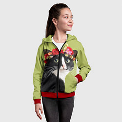 Толстовка на молнии детская Кот и цветы, цвет: 3D-красный — фото 2
