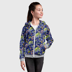Толстовка на молнии детская Оранжево-зеленый цветочный узор на синем фоне, цвет: 3D-меланж — фото 2