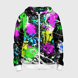 Толстовка на молнии детская Разноцветные пятна краски на черном фоне, цвет: 3D-белый