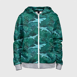 Толстовка на молнии детская Акулы не темно бирюзовом фоне, цвет: 3D-меланж