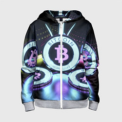 Толстовка на молнии детская Неоновый светящийся биткоин, цвет: 3D-меланж