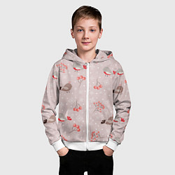 Толстовка на молнии детская Птицы снегири и зимние ягоды, цвет: 3D-белый — фото 2
