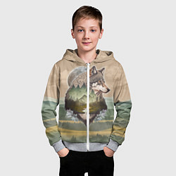 Толстовка на молнии детская Портрет волка в технике двойной экспозиции, цвет: 3D-меланж — фото 2