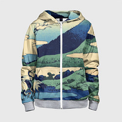 Толстовка на молнии детская Журавли - японский художник Хокусай Фудзи, цвет: 3D-меланж