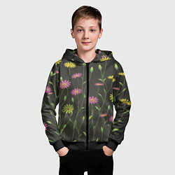 Толстовка на молнии детская Полевые цветочки на темном фоне, цвет: 3D-черный — фото 2