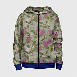 Толстовка на молнии детская Мухоловки и сирень, цвет: 3D-синий