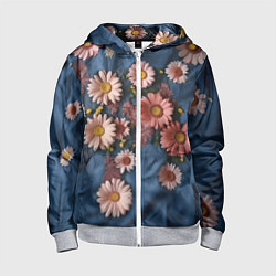 Толстовка на молнии детская Хризантемы на джинсе, цвет: 3D-меланж