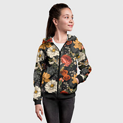 Толстовка на молнии детская Цветочный паттерн на черном, цвет: 3D-черный — фото 2