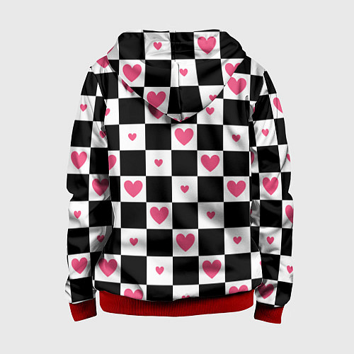 Детская толстовка на молнии Розовые сердечки на фоне шахматной черно-белой дос / 3D-Красный – фото 2