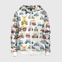 Толстовка на молнии детская Акварельные тракторы - детский паттерн, цвет: 3D-белый